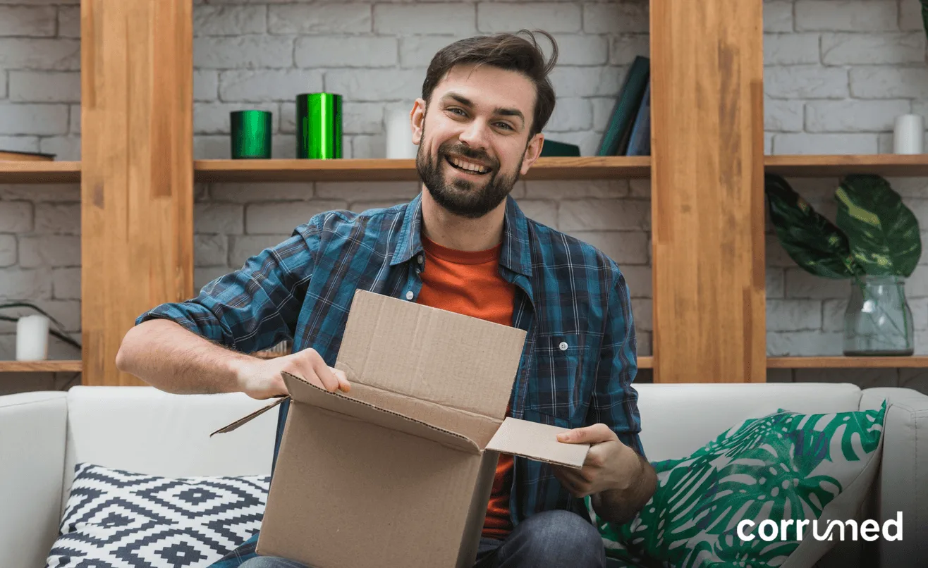 Consumidor sonriendo en casa mientras abre una caja de cartón corrugado recibida tras una compra.