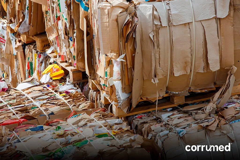 Pacas de cartón reciclado prensado almacenadas para su transformación en nueva materia prima para la fabricación de cartón corrugado.