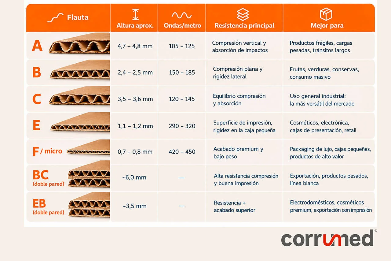 Muestras de cartón corrugado con diferentes tipos de flauta sostenidas por una persona.