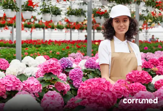 Floricultora en medio de un cultivo de hortensias