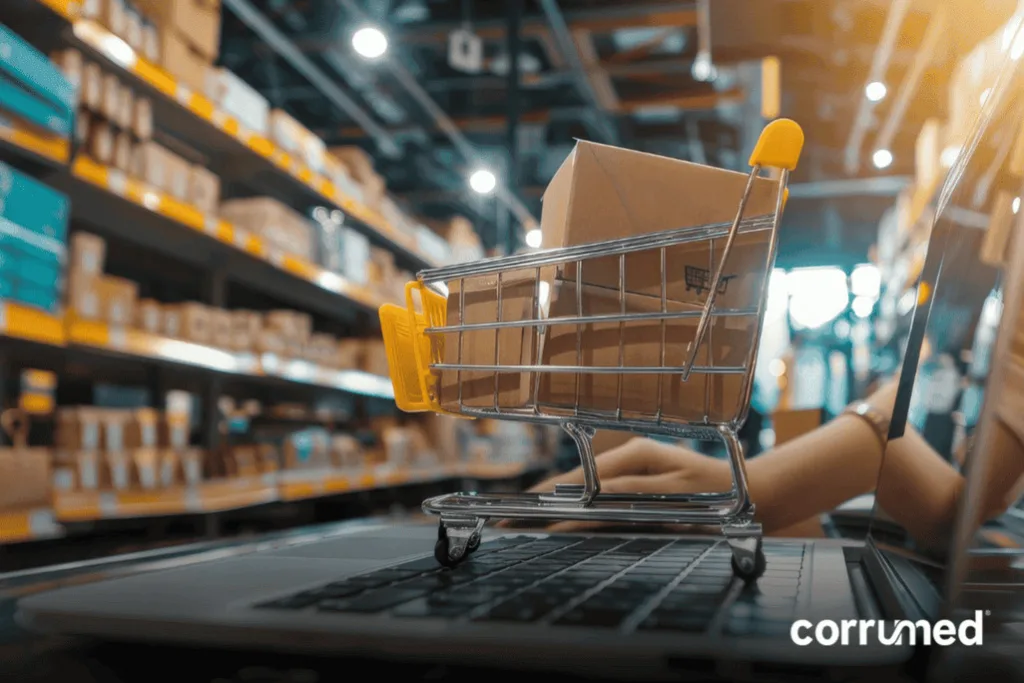 carro de compras con cajas de cartón para envíos en concepto de comercio electrónico.