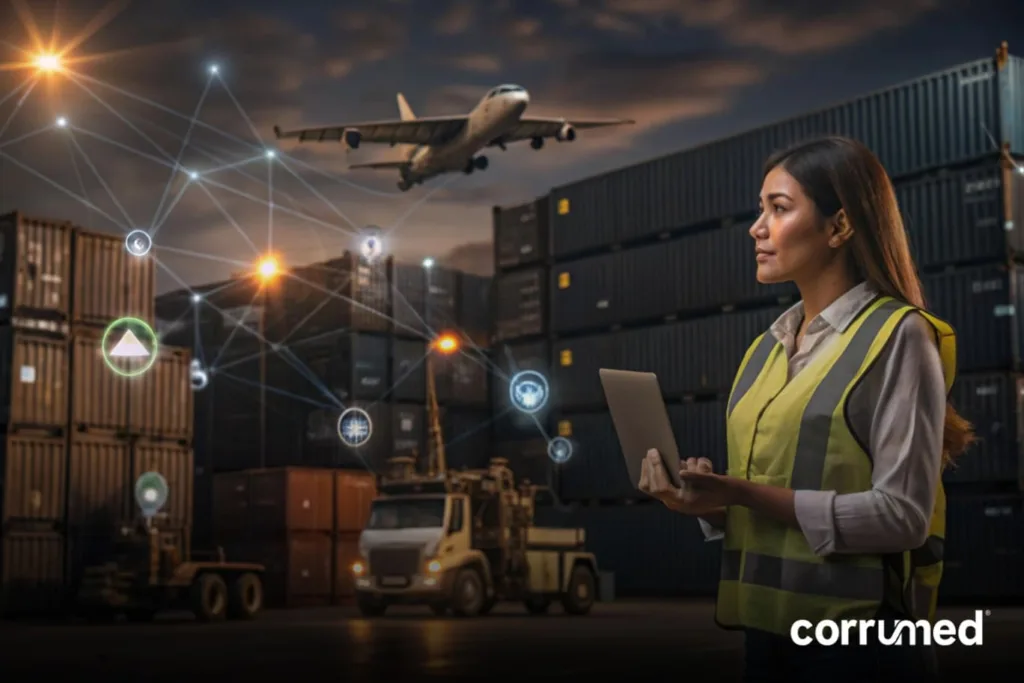 Profesional de logística en patio de contenedores, con avión despegando y red digital que representa trazabilidad, transporte internacional y cadena de suministro global.