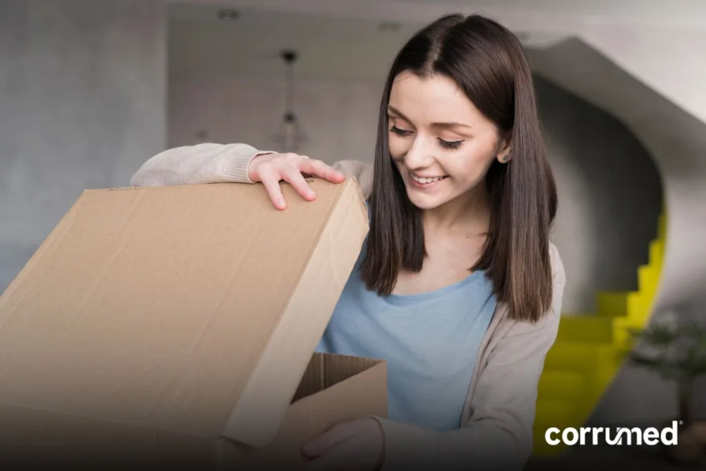 Mujer joven sonriente abriendo una caja de cartón corrugado en casa, representando experiencia de unboxing y uso de empaques para envíos o comercio electrónico.