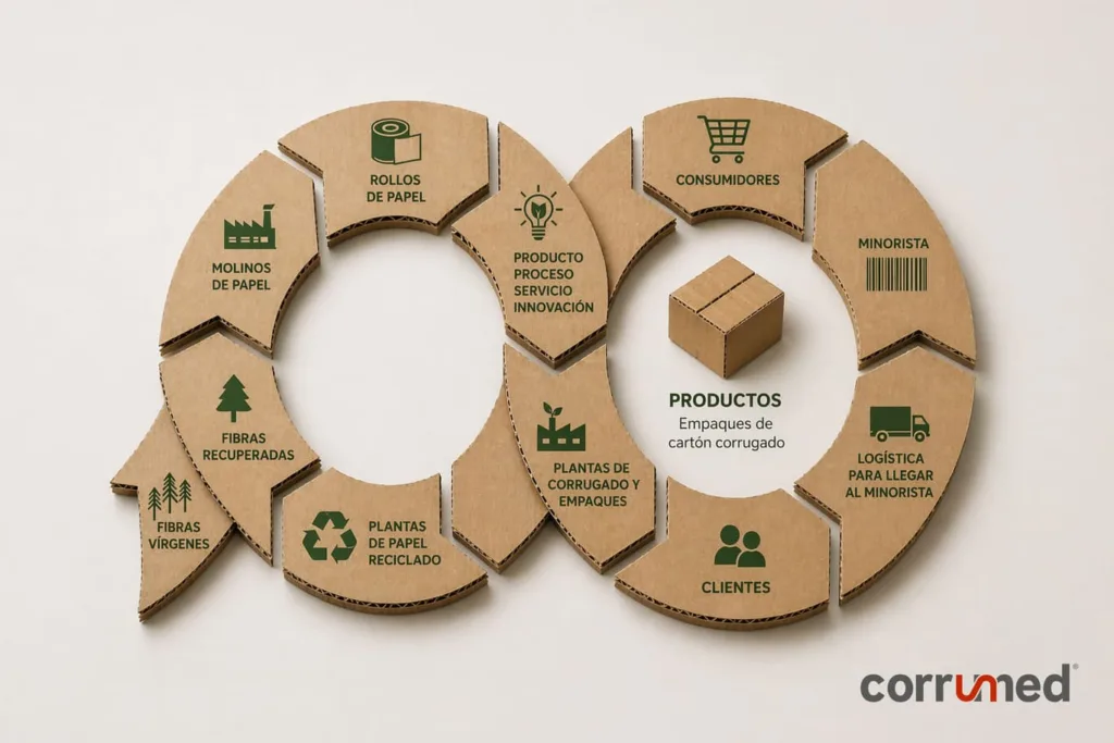 Diagrama circular de economía del cartón corrugado que muestra el ciclo desde fibras vírgenes y recicladas, molinos de papel y producción, hasta consumidores, clientes y logística, con una caja de cartón en el centro representando los productos.