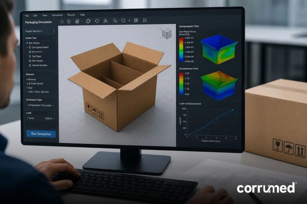 Simulación 3D de caja de cartón corrugado en software de ingeniería, mostrando análisis de resistencia, compresión y desempeño del empaque en condiciones de carga.