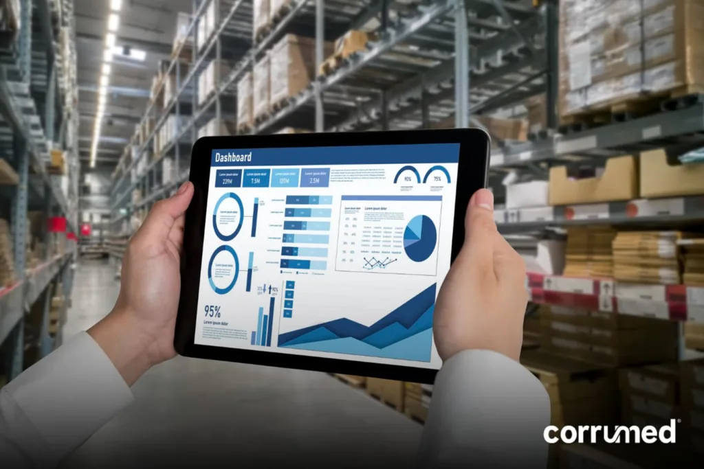 Análisis de datos en logística mediante tablet con dashboard en bodega, representando optimización de empaques, gestión de inventarios y toma de decisiones basada en datos.