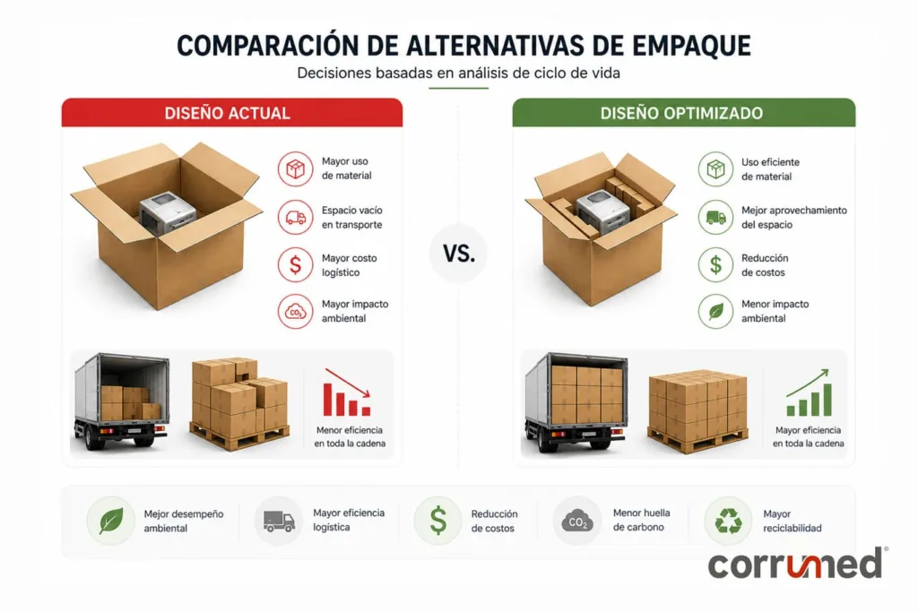 Comparación de diseño de empaques: optimización de cartón corrugado para reducir costos logísticos, mejorar espacio y disminuir impacto ambiental