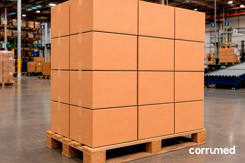 Pallet de cajas de cartón corrugado apiladas en un centro logístico listas para su distribución