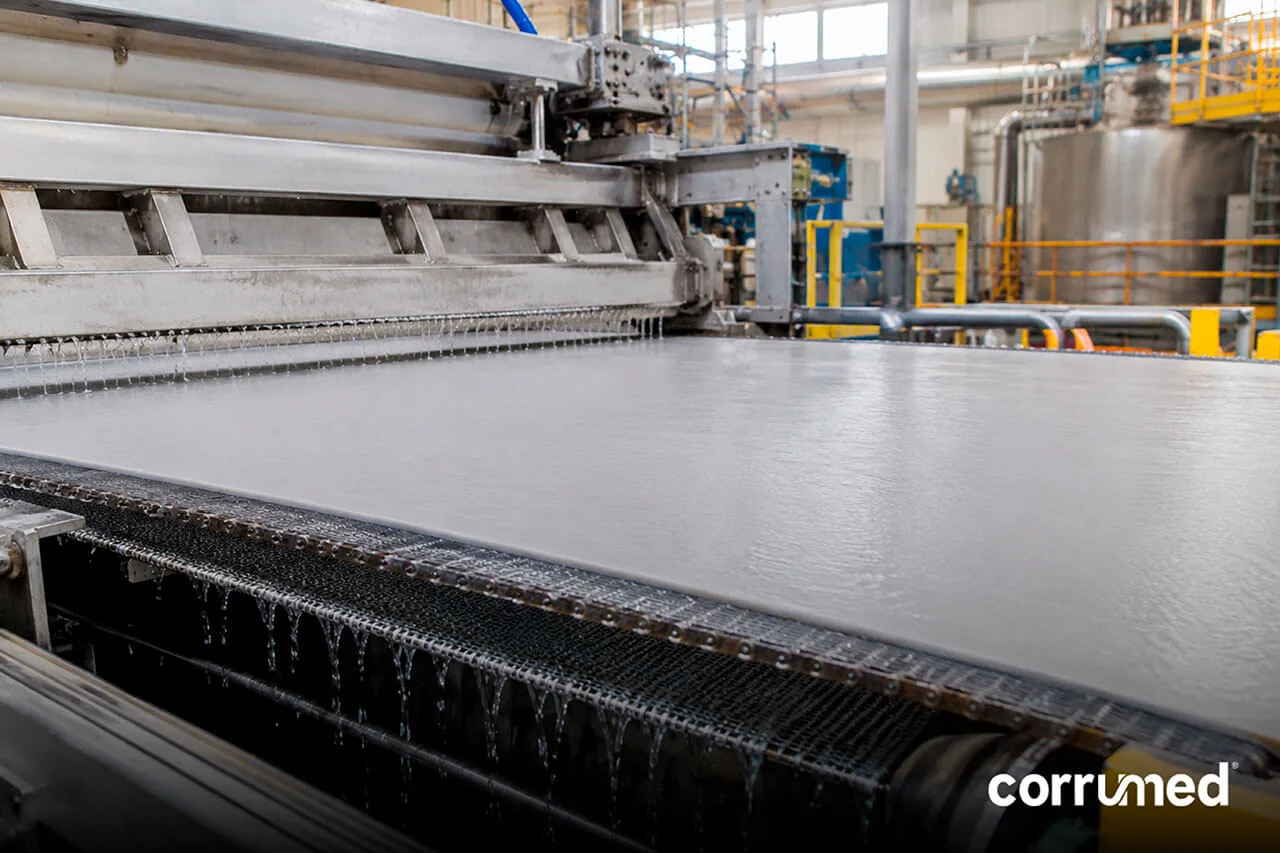 Formación de la hoja de papel en máquina papelera para producción de liner de cartón corrugado.